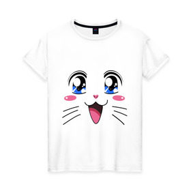 Женская футболка хлопок с принтом Японская кошечка в Белгороде, 100% хлопок | прямой крой, круглый вырез горловины, длина до линии бедер, слегка спущенное плечо | аниме | глаза | глазки | девушкам | киса | кот | коте | котенок | кошечка | кошка | милые создания | мордочка | японская кошечка