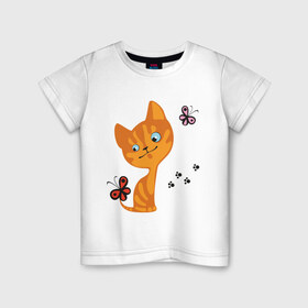 Детская футболка хлопок с принтом Котенок с бабочками в Белгороде, 100% хлопок | круглый вырез горловины, полуприлегающий силуэт, длина до линии бедер | для девушек | котенок | котенок с бабочкой | кошки
