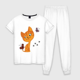 Женская пижама хлопок с принтом Котенок с бабочками в Белгороде, 100% хлопок | брюки и футболка прямого кроя, без карманов, на брюках мягкая резинка на поясе и по низу штанин | для девушек | котенок | котенок с бабочкой | кошки