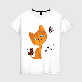 Женская футболка хлопок с принтом Котенок с бабочками в Белгороде, 100% хлопок | прямой крой, круглый вырез горловины, длина до линии бедер, слегка спущенное плечо | для девушек | котенок | котенок с бабочкой | кошки