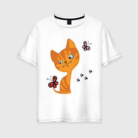 Женская футболка хлопок Oversize с принтом Котенок с бабочками в Белгороде, 100% хлопок | свободный крой, круглый ворот, спущенный рукав, длина до линии бедер
 | для девушек | котенок | котенок с бабочкой | кошки