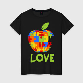 Женская футболка хлопок с принтом Apple пазл в Белгороде, 100% хлопок | прямой крой, круглый вырез горловины, длина до линии бедер, слегка спущенное плечо | apple | love apple | люблю эппл | паззлы | яблоко
