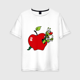 Женская футболка хлопок Oversize с принтом Яблочко с червячком в Белгороде, 100% хлопок | свободный крой, круглый ворот, спущенный рукав, длина до линии бедер
 | apple | iphone | джобс | коммуникатор | комуникатор | пятый айфон | телефон | фрукт | червяк | яблоко