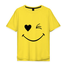 Мужская футболка хлопок Oversize с принтом Подмигивающий смайлик в Белгороде, 100% хлопок | свободный крой, круглый ворот, “спинка” длиннее передней части | smile | для девушек | мордочка | позитив | рожица | сердечко | смайл | смайлик | улыбка