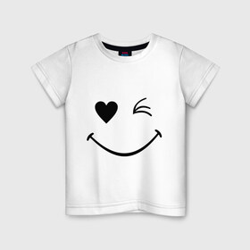 Детская футболка хлопок с принтом Подмигивающий смайлик в Белгороде, 100% хлопок | круглый вырез горловины, полуприлегающий силуэт, длина до линии бедер | smile | для девушек | мордочка | позитив | рожица | сердечко | смайл | смайлик | улыбка