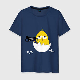 Мужская футболка хлопок с принтом Цыпленок гангстер (chicken gangster) в Белгороде, 100% хлопок | прямой крой, круглый вырез горловины, длина до линии бедер, слегка спущенное плечо. | дуло | оружие | пистолет | птенчик | птичка | цыпа | яйцо