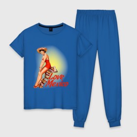 Женская пижама хлопок с принтом Love mexico в Белгороде, 100% хлопок | брюки и футболка прямого кроя, без карманов, на брюках мягкая резинка на поясе и по низу штанин | america | pin up | retro | америка | винтаж | пин ап | ретро