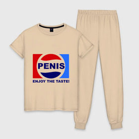 Женская пижама хлопок с принтом Penis. Enjoy the taste в Белгороде, 100% хлопок | брюки и футболка прямого кроя, без карманов, на брюках мягкая резинка на поясе и по низу штанин | penis | pepsi | антибренд | пепси