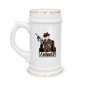Кружка пивная с принтом Fallout Man with gun в Белгороде,  керамика (Материал выдерживает высокую температуру, стоит избегать резкого перепада температур) |  объем 630 мл | fallout | логотип | постапокалиптические | фаллаут | фоллаут