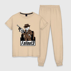 Женская пижама хлопок с принтом Fallout Man with gun в Белгороде, 100% хлопок | брюки и футболка прямого кроя, без карманов, на брюках мягкая резинка на поясе и по низу штанин | fallout | логотип | постапокалиптические | фаллаут | фоллаут