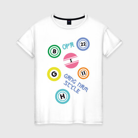 Женская футболка хлопок с принтом Gangnam print в Белгороде, 100% хлопок | прямой крой, круглый вырез горловины, длина до линии бедер, слегка спущенное плечо | gangnam style | интернет приколы | корейский репер | корейский рэп | корея