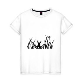 Женская футболка хлопок с принтом Зайчик в кустах в Белгороде, 100% хлопок | прямой крой, круглый вырез горловины, длина до линии бедер, слегка спущенное плечо | зайка | зайчик