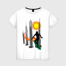 Женская футболка хлопок с принтом Уличный серфер в Белгороде, 100% хлопок | прямой крой, круглый вырез горловины, длина до линии бедер, слегка спущенное плечо | город | серф | уличный сервер