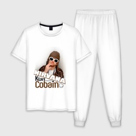 Мужская пижама хлопок с принтом Kurt Cobain в очках в Белгороде, 100% хлопок | брюки и футболка прямого кроя, без карманов, на брюках мягкая резинка на поясе и по низу штанин
 | kurt cobain | kurt cobain в очках | nirvana | музыка | нирвана