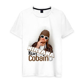 Мужская футболка хлопок с принтом Kurt Cobain в очках в Белгороде, 100% хлопок | прямой крой, круглый вырез горловины, длина до линии бедер, слегка спущенное плечо. | Тематика изображения на принте: kurt cobain | kurt cobain в очках | nirvana | музыка | нирвана