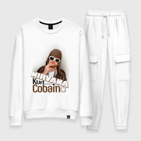 Женский костюм хлопок с принтом Kurt Cobain в очках в Белгороде, 100% хлопок | на свитшоте круглая горловина, мягкая резинка по низу. Брюки заужены к низу, на них два вида карманов: два 