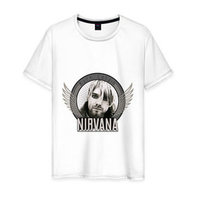 Мужская футболка хлопок с принтом Kurt Cobain с крыльями в Белгороде, 100% хлопок | прямой крой, круглый вырез горловины, длина до линии бедер, слегка спущенное плечо. | kurt cobain | nirvana | группы | курт кобейн | музыка | музыкальные группы. курт | нирвана