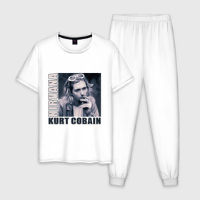 Мужская пижама хлопок с принтом Nirvana- Kurt Cobain в Белгороде, 100% хлопок | брюки и футболка прямого кроя, без карманов, на брюках мягкая резинка на поясе и по низу штанин
 | kurt cobain | nirvana | группы | курт кобейн | музыка | музыкальные группы. курт | нирвана