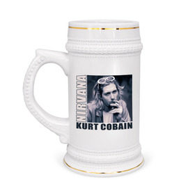Кружка пивная с принтом Nirvana- Kurt Cobain в Белгороде,  керамика (Материал выдерживает высокую температуру, стоит избегать резкого перепада температур) |  объем 630 мл | kurt cobain | nirvana | группы | курт кобейн | музыка | музыкальные группы. курт | нирвана
