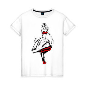 Женская футболка хлопок с принтом Девушка в красном платье в Белгороде, 100% хлопок | прямой крой, круглый вырез горловины, длина до линии бедер, слегка спущенное плечо | девушка в красном | девушкам | для девушек | рисунок