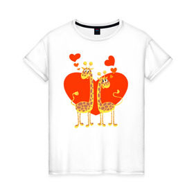 Женская футболка хлопок с принтом ЖИРАФЫ НА СЕРДЦЕ в Белгороде, 100% хлопок | прямой крой, круглый вырез горловины, длина до линии бедер, слегка спущенное плечо | Тематика изображения на принте: 14 февраля | african | animals | february 14 | giraffes | hearts | love | lovers | valentines day | африканские | влюблённые | день святого валентина | животные | жирафы | любовь | сердца