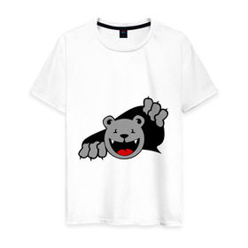 Мужская футболка хлопок с принтом Медведь вылезает из футболки в Белгороде, 100% хлопок | прямой крой, круглый вырез горловины, длина до линии бедер, слегка спущенное плечо. | Тематика изображения на принте: медведь | прикольные картинки