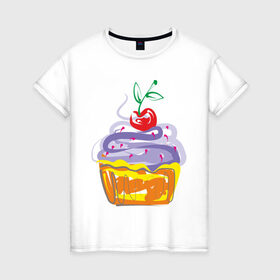 Женская футболка хлопок с принтом кексик в Белгороде, 100% хлопок | прямой крой, круглый вырез горловины, длина до линии бедер, слегка спущенное плечо | вишенка | еда | кексик | пироженка | сладости | тортики