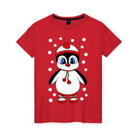 Женская футболка хлопок с принтом Пингвин в снегу в Белгороде, 100% хлопок | прямой крой, круглый вырез горловины, длина до линии бедер, слегка спущенное плечо | пингвин