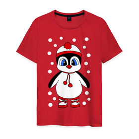 Мужская футболка хлопок с принтом Пингвин в снегу в Белгороде, 100% хлопок | прямой крой, круглый вырез горловины, длина до линии бедер, слегка спущенное плечо. | пингвин