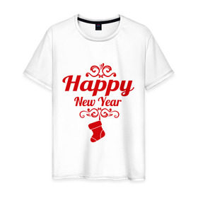 Мужская футболка хлопок с принтом Happy new year, носок в Белгороде, 100% хлопок | прямой крой, круглый вырез горловины, длина до линии бедер, слегка спущенное плечо. | 2013 | happy new year | new year | год змеи | дед мороз | новый год