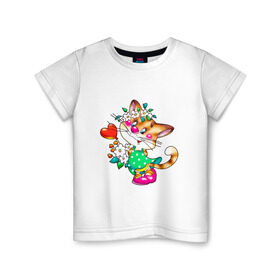 Детская футболка хлопок с принтом КИСКА С СЕРДЕЧКОМ в Белгороде, 100% хлопок | круглый вырез горловины, полуприлегающий силуэт, длина до линии бедер | детское | детям | для детей | киса | котенок | кошка