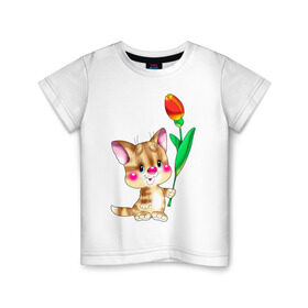 Детская футболка хлопок с принтом КОТ С ТЮЛЬПАНОМ в Белгороде, 100% хлопок | круглый вырез горловины, полуприлегающий силуэт, длина до линии бедер | детские | животные | звери | зверушка | киса | котенок | котик | цветок | цветочек