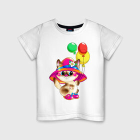 Детская футболка хлопок с принтом КИСКА В ШЛЯПЕ в Белгороде, 100% хлопок | круглый вырез горловины, полуприлегающий силуэт, длина до линии бедер | в шляпе | воздушные шарики | детские | животные | звери | зверушка | киса | котенок | шары