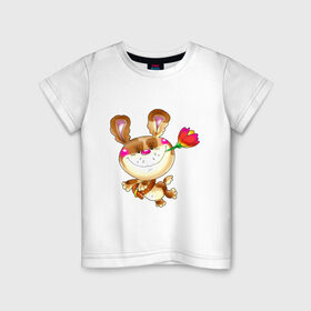 Детская футболка хлопок с принтом МЕДВЕДЬ С ТЮЛЬПАНОМ в Белгороде, 100% хлопок | круглый вырез горловины, полуприлегающий силуэт, длина до линии бедер | детские | животные | звери | зверушка | медвежонок | мишка | мишутка | цветок | цветочек