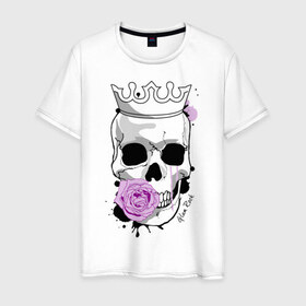Мужская футболка хлопок с принтом Skull with rose в Белгороде, 100% хлопок | прямой крой, круглый вырез горловины, длина до линии бедер, слегка спущенное плечо. | Тематика изображения на принте: rock | rose | роза | рок | рок музыка | череп