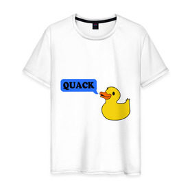 Мужская футболка хлопок с принтом утка говорит quack в Белгороде, 100% хлопок | прямой крой, круглый вырез горловины, длина до линии бедер, слегка спущенное плечо. | животные | зверь | кря | птичка | утенок