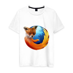 Мужская футболка хлопок с принтом Firefox лис в Белгороде, 100% хлопок | прямой крой, круглый вырез горловины, длина до линии бедер, слегка спущенное плечо. | лиса