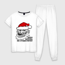 Женская пижама хлопок с принтом Новогодний trollface в Белгороде, 100% хлопок | брюки и футболка прямого кроя, без карманов, на брюках мягкая резинка на поясе и по низу штанин | troll face | trollface | дед мороз | интернет мемы | мемы | тролл фейс | тролфейл