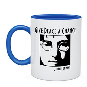 Кружка двухцветная с принтом John Lennon (Джон Леннон) Give Peace a Chance в Белгороде, керамика | объем — 330 мл, диаметр — 80 мм. Цветная ручка и кайма сверху, в некоторых цветах — вся внутренняя часть | beatles | give peace a chance | john lennon | битлз | джон леннон | знаменитости | знаменитые личности | портрет