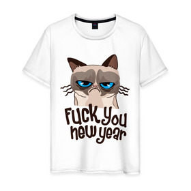 Мужская футболка хлопок с принтом Cat fuck you new year в Белгороде, 100% хлопок | прямой крой, круглый вырез горловины, длина до линии бедер, слегка спущенное плечо. | cat | год змеи | интернет приколы | кошка | новый год | новый год 2013 | приколы