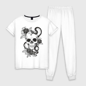 Женская пижама хлопок с принтом череп роз в Белгороде, 100% хлопок | брюки и футболка прямого кроя, без карманов, на брюках мягкая резинка на поясе и по низу штанин | скелет
