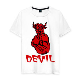 Мужская футболка хлопок с принтом красный дьяволёнок в Белгороде, 100% хлопок | прямой крой, круглый вырез горловины, длина до линии бедер, слегка спущенное плечо. | devil | бицепсы | бык | бычара | гантеля | качок | мускулы | силовой спорт