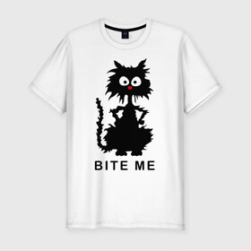 Мужская футболка премиум с принтом Bite me (черный кот) в Белгороде, 92% хлопок, 8% лайкра | приталенный силуэт, круглый вырез ворота, длина до линии бедра, короткий рукав | Тематика изображения на принте: киса | котенок