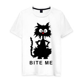 Мужская футболка хлопок с принтом Bite me (черный кот) в Белгороде, 100% хлопок | прямой крой, круглый вырез горловины, длина до линии бедер, слегка спущенное плечо. | киса | котенок