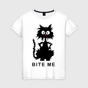 Женская футболка хлопок с принтом Bite me (черный кот) в Белгороде, 100% хлопок | прямой крой, круглый вырез горловины, длина до линии бедер, слегка спущенное плечо | киса | котенок