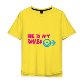 Мужская футболка хлопок Oversize с принтом Мой Ромео в Белгороде, 100% хлопок | свободный крой, круглый ворот, “спинка” длиннее передней части | he is my romeo | для влюбленных | для двоих | для пар | любимая | любимый | любовь | мой ромео | парные | смайлик | стрелка