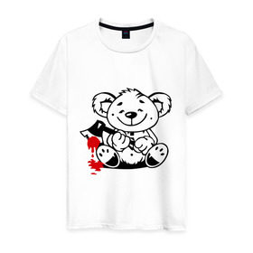 Мужская футболка хлопок с принтом Мишка маньяк в Белгороде, 100% хлопок | прямой крой, круглый вырез горловины, длина до линии бедер, слегка спущенное плечо. | животные | кровь | мишка | плюшевый мишка | ужасы