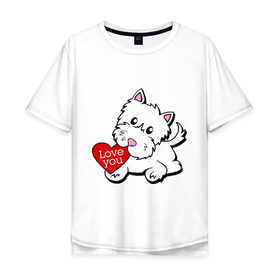 Мужская футболка хлопок Oversize с принтом Собачка с сердцем в Белгороде, 100% хлопок | свободный крой, круглый ворот, “спинка” длиннее передней части | Тематика изображения на принте: 14 feb | 14 февраля | i love you | valentines day | день влюбленных | день всех влюбленных | день святого валентина | песик | собака | собачка | я люблю тебя