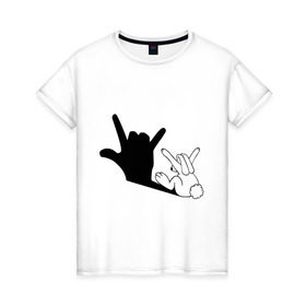 Женская футболка хлопок с принтом Тень зайца в Белгороде, 100% хлопок | прямой крой, круглый вырез горловины, длина до линии бедер, слегка спущенное плечо | животные | заяц | театр теней | тень