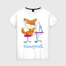 Женская футболка хлопок с принтом Неделька - вторник в Белгороде, 100% хлопок | прямой крой, круглый вырез горловины, длина до линии бедер, слегка спущенное плечо | вторник | кот | котенок | неделька | работа | рыжий кот